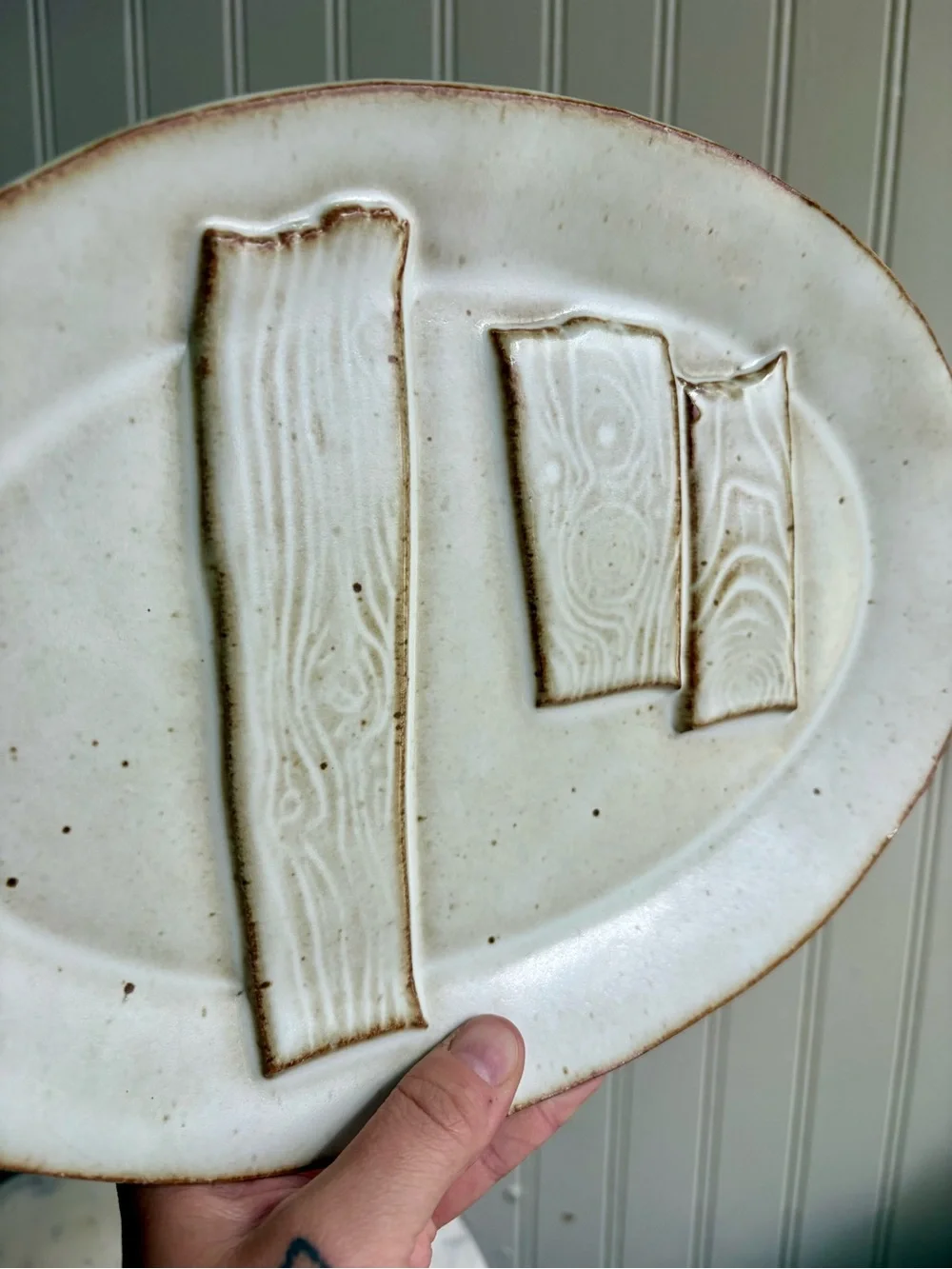 Vintage Primitive Studio Pottery Serving Plate/Platter Cream & Brown Wood Grain
